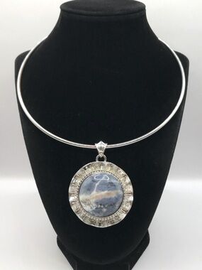 Silver-Tone Torque Necklace with Blue Sodalite Round Pendant
